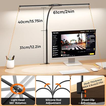 SKYLEO LED Desk Lamp with Clamp - Double Head Desk Light with Remote and Touch - Eye Protection - 12 W, 5 Color Modes, Timer and Memory Function, Flexible Gooseneck - for Office, Reading - Black