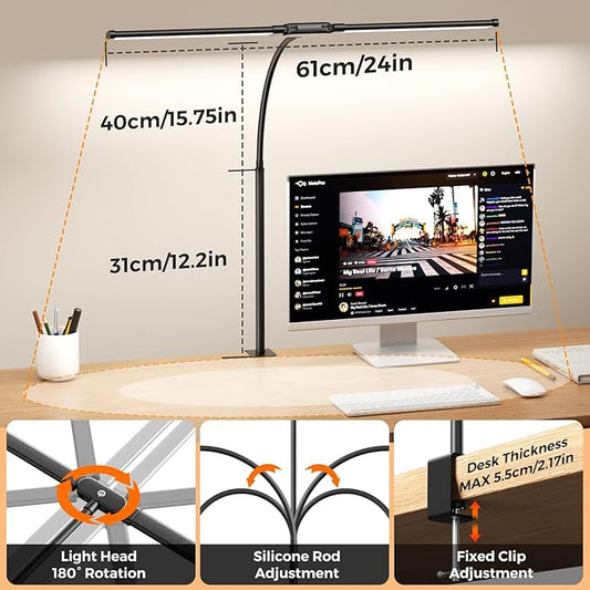 SKYLEO LED Desk Lamp with Clamp - Double Head Desk Light with Remote and Touch - Eye Protection - 12 W, 5 Color Modes, Timer and Memory Function, Flexible Gooseneck - for Office, Reading - Black