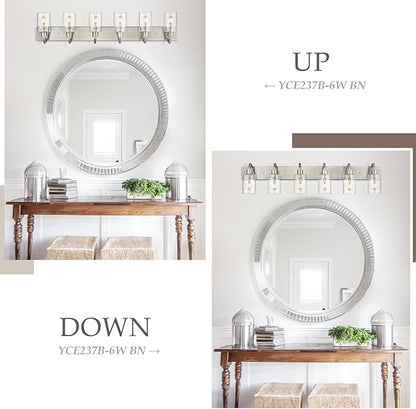 Emliviar Large Bathroom Wall Light, 6-Light Industrial Bathroom Lighting Fixtures Over Mirror, Brushed Nickel Finish with Clear Glass, YCE237B-6W BN