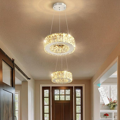Modern Crystal Chandelier 8W Dimmable LED Crystal Pendant Light Fixtures Height Adjustable Round Chandeliers for Dining Room Hallway Bedroom Silver