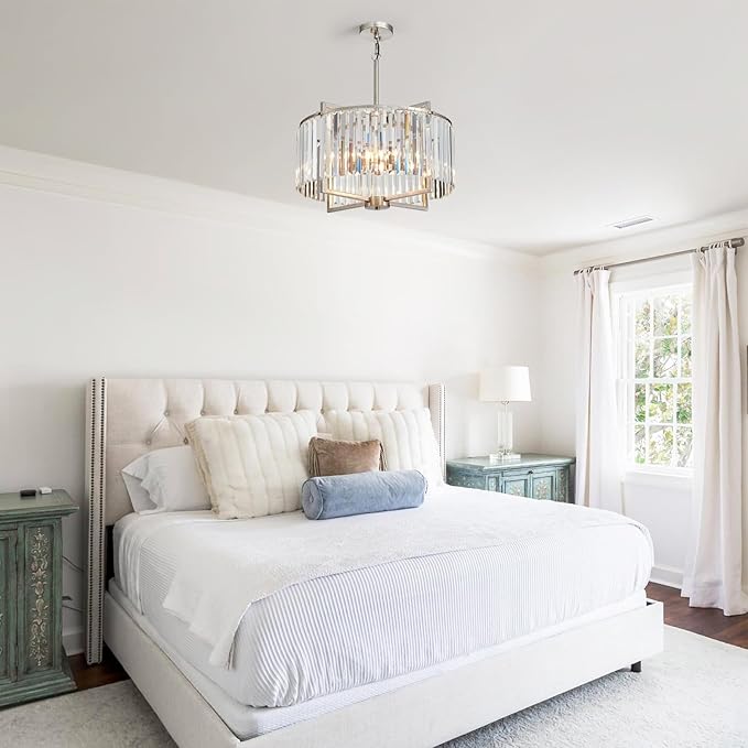 Crystal Dining Room Chandelier Light Fixture Modern Round Brushed Nickel Chandeliers for Kitchen Hallway Bedroom Foyer Living Room 5-Light 20 Inch Farmhouse Adjustable Height Hanging Light