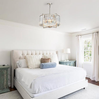 Crystal Dining Room Chandelier Light Fixture Modern Round Brushed Nickel Chandeliers for Kitchen Hallway Bedroom Foyer Living Room 5-Light 20 Inch Farmhouse Adjustable Height Hanging Light
