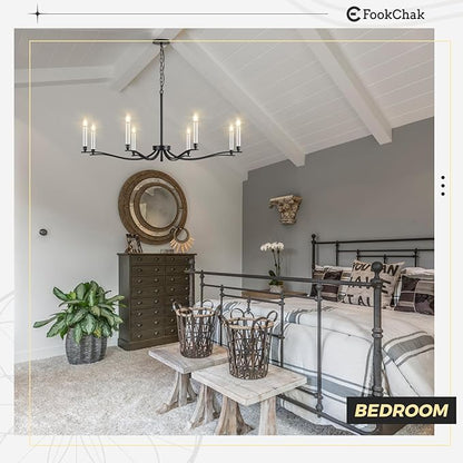 Black Chandelier, Modern Dining Room Light Fixture 8 Light Candle Chandelier Over Table 44in Metal Chandeliers Lighting for Living Room Entry Master Bedroom Bathtub Kitchen
