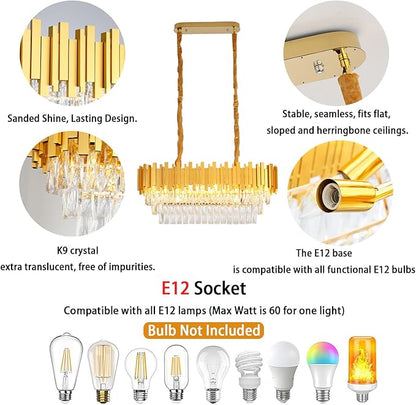 32" Modern Rectangle Crystal Chandelier for Dining Room, 8-Light Gold Crystal Raindrop Chandeliers, Adjustable Height Chandelier for Staircase, Living Room, Foyer
