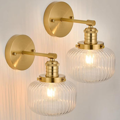 Vintage Wall Sconce Set of 2,Hard Wired Sconce with Clear Ribbed Glass Shade,Indoor Wall Mounted Lamp for Bedroom Living Room Bathroom Hallway