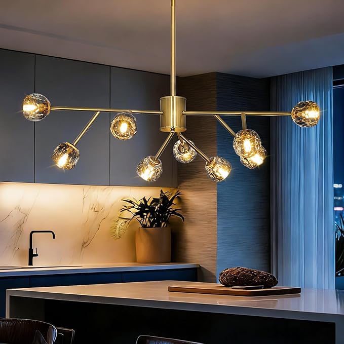 Depuley Modern Gold Sputnik Chandelier: 9-Light Crystal Glass Chandelier for Dining Room - Kitchen Table Light Fixture Mid Century Hanging Lamp Height Adjustable for Foyer (Included G9 Bulbs)