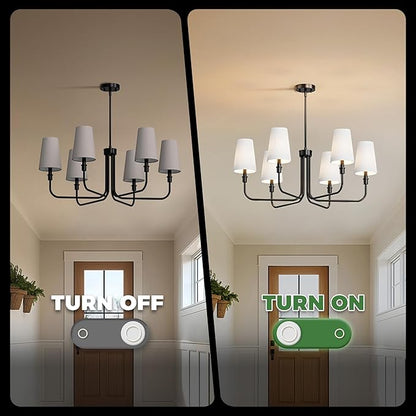 DORESshop 6-Light Chandelier for Dining Room Light Fixture Over Table, 33.86" Modern Matte Black Chandelier with White Linen Shades, Adjustable Hanging Light Fixture for Kitchen Island Foyer Hallway