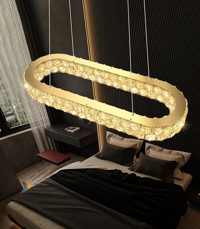 32'' Modern Oval Chandelier Crystal Chandeliers for Dining Room Round Ceiling Light Fixture for Living Room Lighting LED Dimmable with Remote Ring Lights Gold