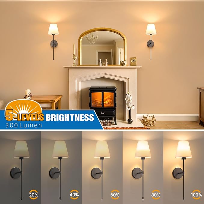 NIORSUN Battery Operated Wall Sconce Set of 2,Black Rechargeable Wall Lights with 5200mAh Dimmable Bulbs and Remote,10 Colors Wireless Wall Lamps for Bedroom Living Room Hallway Decor