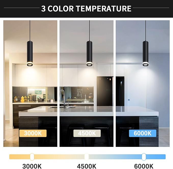 OKELI Modern Pendant Lights, Black LED Pendant Lights Fixtures,3 Color Pendant Lighting for Kitchen Island, Bar,12W,3000K-6000K,ETL(3pack)