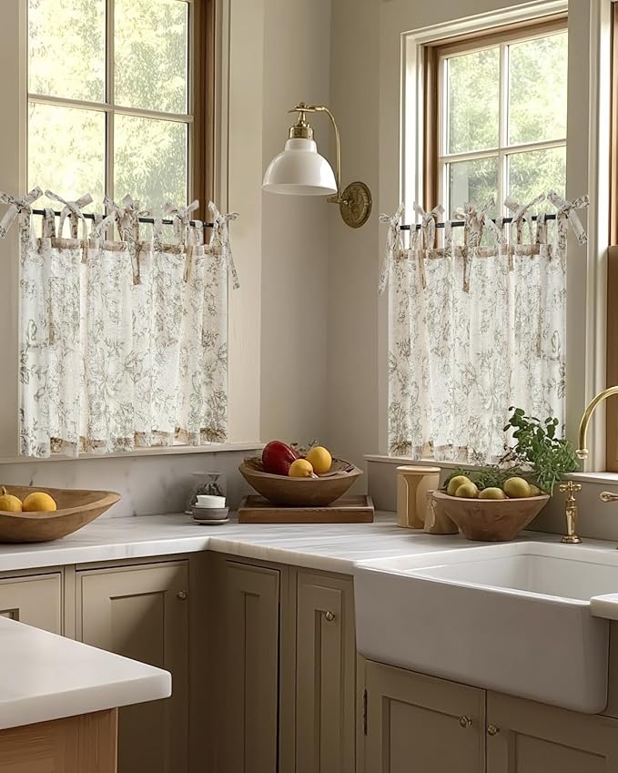 jinchan Floral Linen Tier Curtains 36 Inch Farmhouse Cafe Curtains Tie Top Botanic Drapes for Small Windows Over Sink for Kitchen Country Rustic Laundry Room Bathroom RV 2 Panels Green on Beige
