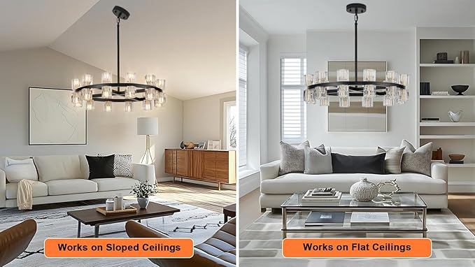 Modern 24 Inch Black Crystal Wagon Wheel Chandelier, Large Round 24-Light Pendant Lighting Fixture, Adjustable Height for High Ceilings Living Room, Dining Room, Foyer, Entryways (BLACK-24in)