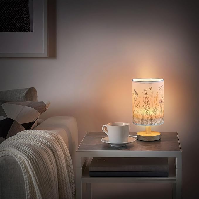 Bedside Table Lamp Retro Colorful Herbs Wild Flowers Nightstand Lamp with Wood Desk Lamps for Bedroom Living Room Nursery Office Home Decor