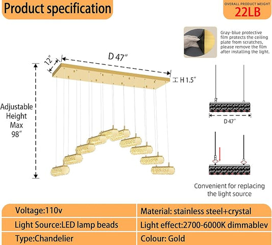Crystal Kitchen Chandeliers Over Table,Rectangular Crystal Chandelier for Living Room Modern Linear Chandelier for Dining Room Dimmable Gold 10 Lights