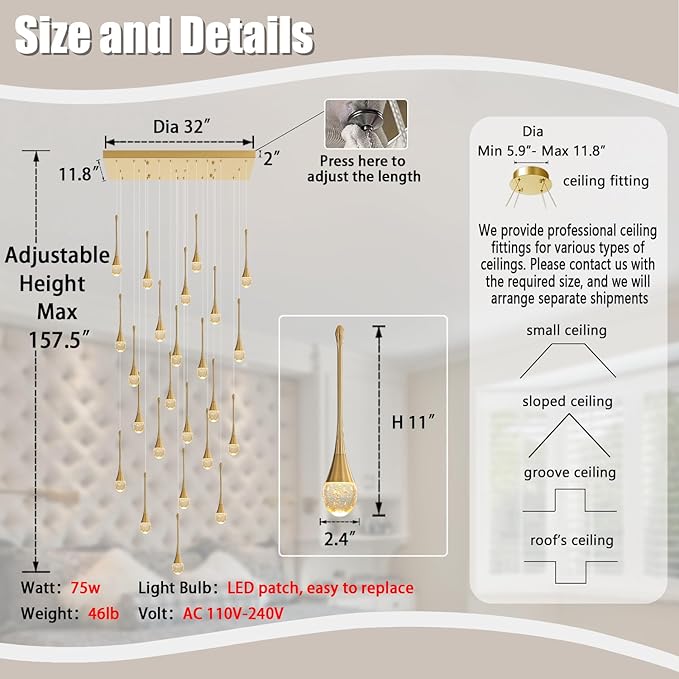 ykolupty 24-Lights Rectangular Chandelier Crystal Raindrop Chandeliers Flush Mount Ceiling Light for Dining Room Living Room High Ceiling Chandelier for Staircase Foyer Entryway Gold Chandeliers