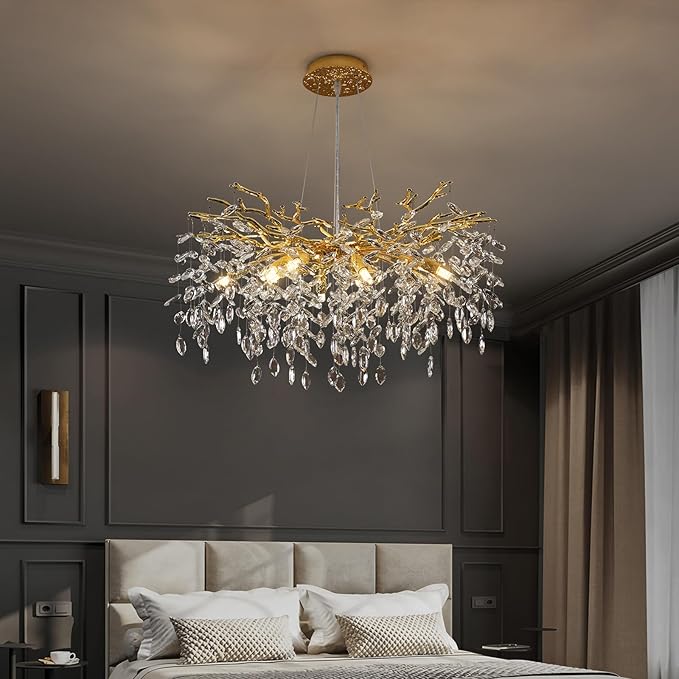 Tree Branches Chandeliers Luxury Round Crystal Pendant Light 8 Light Ceiling Hanging Light for Dining Room Bedroom Living Room Entryway Gold 23.7"