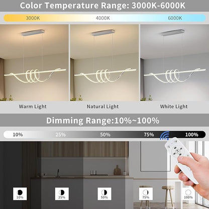 Modern LED Pendant Lights Kitchen Island,3000k-6000K Adjustable Color Dining Room Light Fixture,Dimmable with Remote Control Aluminum for Kitchen, Living, Dining,Bedroom(57in Chrome Silver