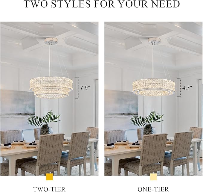 LED Crystal Chandeliers with Remote Control 20’’ Luxury 2-Tier Modern Chrome Chandelier Light Fixture Dimmable for Dining Room Bedroom Kitchen Foyer Entryway 3000-6500K