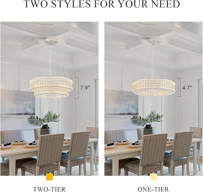 LED Crystal Chandeliers with Remote Control 20’’ Luxury 2-Tier Modern Chrome Chandelier Light Fixture Dimmable for Dining Room Bedroom Kitchen Foyer Entryway 3000-6500K