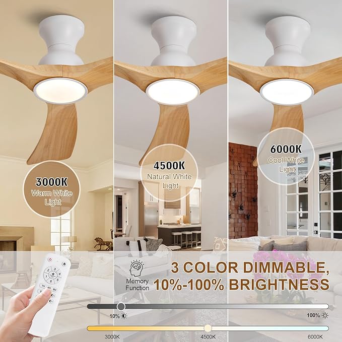 Flush Mount Ceiling Fans with Lights,52 inch,Remote Control,Wall Switch,Solid Wood Blades,Dimmable,Reversible Noiseless,Power Off Memory Modern Ceiling Fan Indoor/Outdoor for Bedroom Patios