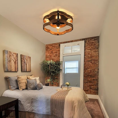4-Light Rustic Farmhouse Wood Flush Mount Ceiling Light Fixture 14.17 inch Oak Wood and Metal Cloud Cage Semi Flush Mount Ceiling Light for Hallway Hall Entry Bedroom Farmhouse Indoor, Black