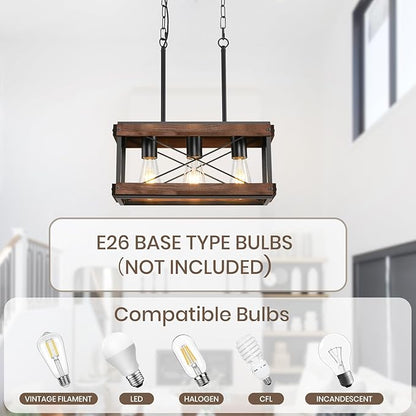 Genuine Wood Farmhouse Kitchen Island Light, 3-Light Rustic Pendant Chandelier with Adjustable Height, Metal Linear Hanging Lamp for Dining Room Bar Pool Table