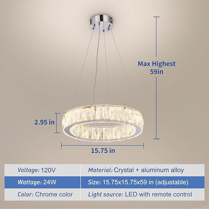 Depuley Modern LED Crystal Chandeliers: 15.7" Ring Chandelier Hanging Crystal Ceiling Light Fixture - 24W Adjustable Height Pendant Light for Living Room Dining Room Bedroom Foyer