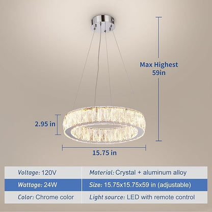 Depuley Modern LED Crystal Chandeliers: 15.7" Ring Chandelier Hanging Crystal Ceiling Light Fixture - 24W Adjustable Height Pendant Light for Living Room Dining Room Bedroom Foyer