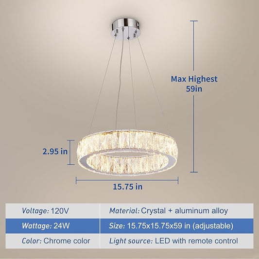 Depuley Modern LED Crystal Chandeliers: 15.7" Ring Chandelier Hanging Crystal Ceiling Light Fixture - 24W Adjustable Height Pendant Light for Living Room Dining Room Bedroom Foyer