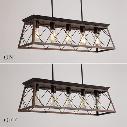 Q&S Farmhouse Rustic Chandelier Light Fixtures Bronze 5 Lights Linear Rectangular Chandelier Pendant Light Fixtures for Dining Room Kitchen Island Pool Bar Office Living Room Entryway UL Listed