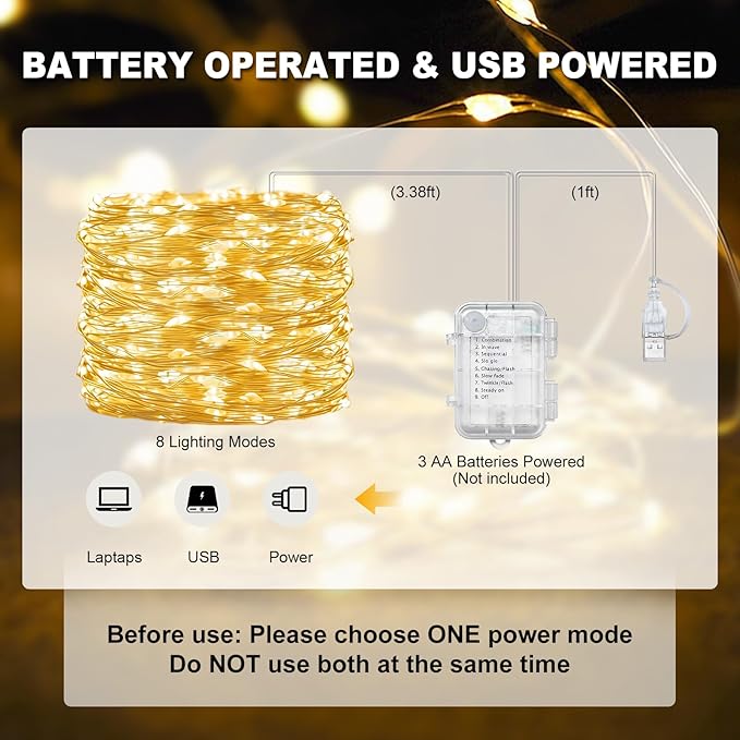 suddus Flexible Copper String Lights, Fairy Lights Warm White, 2Pack Total 132ft 400 LED Battery Operated/USB Twinkle Lights for Bedroom, Dorm Decor