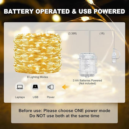 suddus Flexible Copper String Lights, Fairy Lights Warm White, 2Pack Total 132ft 400 LED Battery Operated/USB Twinkle Lights for Bedroom, Dorm Decor
