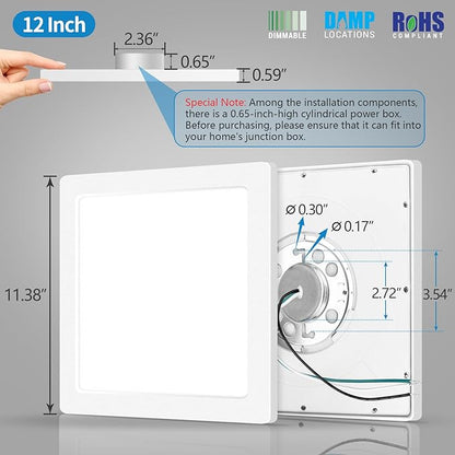 mw 4 Pack 12 Inch Square Ceiling Light, 24W 120V, 3000K/4000K/5000K, Dimmable Slim LED Ceiling Light, Ceiling Light Fixtures for Bedroom, Kitchen, Hallway, Laundry, ETL Listed, Each Side is 11.38"