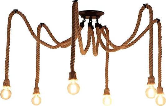 6 Head 2 Meters Vintage Hemp Rope Pendant Light Fixture E26/E27 Base, Ceiling Light Lamp,Retro Style for Dining Hall Restaurant Bar Lighting(Bulb not Included)