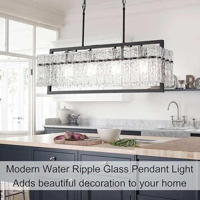 Modern Large Rectangle Chandeliers for Dining Room, 4 Lights Black Crystal Kitchen Island Lighting with Water Ripple Glass, Linear Farmhouse Pendant Light Fixture Over Table UL Listed