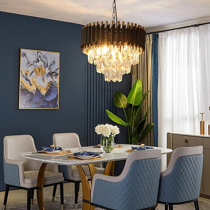 Modern Crystal Chandeliers 15.7”Gold Contemporary Crystal Ceiling Lights Fixtures 3-Tiers 5 Lights Black Round Chandelier Pendant Light Fixtures for Entryway Living Room Dining Room Bedroom