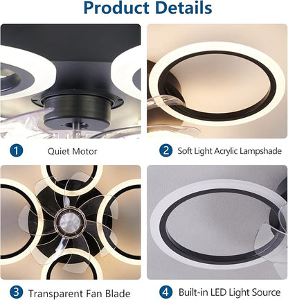 26" Geometric Ceiling Fan with Lights Remote Control, 3 Colors, 6 Speeds, Bladeless, Low Profile for Kitchen, Bedroom