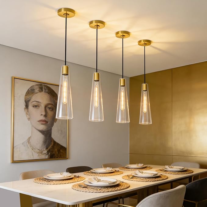 Modern Glass Pendant Lights Kitchen Island, Dimmable Gold Pendant Light Fixtures 1 Pack, Adjustable Farmhouse Hanging Light Fixture with Clear Glass Shades for Hallway Dining Room