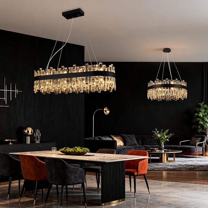 Weesalife Black Crystal Chandeliers for Dining Room, 20 Lights Modern Oval Chandelier for Lining Room, Rectangular Crystal Pendant Light Fixture for Kitchen Island Bar L36 Inch