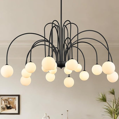 18 Lights Extra Large Sputnik Chandelier L59’’ Mid Century Black Milk Glass Globe Ceiling Pendant Light Fixture Contemporary for Foyer Staircase Living Dining Room High Ceiling