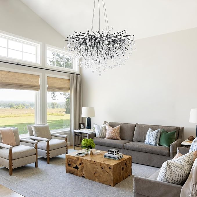 Black Chandeliers for Dining Room, Farmhouse Crystal Chandelier,10-Light Tree Branch Chandelier Light Fixture for Living Room, Kitchen Island D31.5
