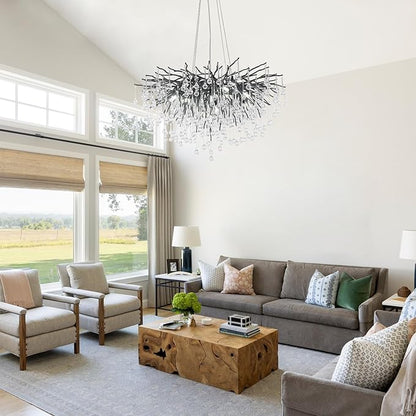 Black Chandeliers for Dining Room, Farmhouse Crystal Chandelier,10-Light Tree Branch Chandelier Light Fixture for Living Room, Kitchen Island D31.5