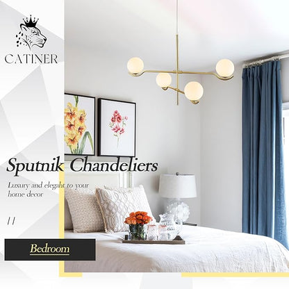 CATINER 4 Lights Modern Gold Sputnik Chandelier, L31 '' Large Mid Century Long Ceiling Pendant Light Fixtures with Milk Glass Globe Shades for High Ceiling Living Room Foyer Dining Room Bedroom