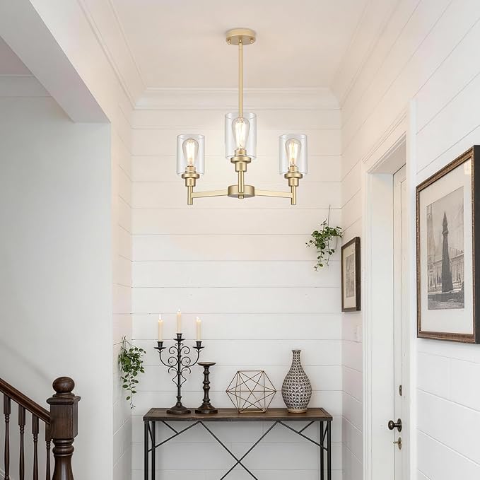 LIGHTDAMY 3-Lights Gold Chandeliers for Dining Room Light Fixture, Farmhouse Chandeliers Over Table, Hallway Lighting Fixtures with Glass Shade for Entryway Dining Room Kitchen Island Foyer