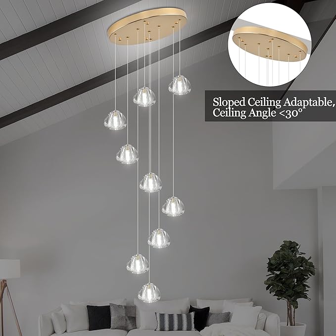 Modern Crystal Chandelier 9-Lights High Ceiling Raindrop Chandelier, Gold LED Round Indoor Lighting Fixture for Foyer Staircase Living Room