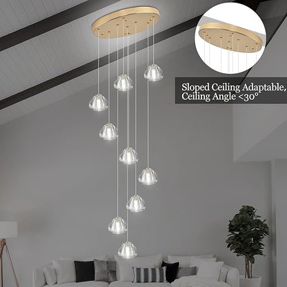 Modern Crystal Chandelier 9-Lights High Ceiling Raindrop Chandelier, Gold LED Round Indoor Lighting Fixture for Foyer Staircase Living Room