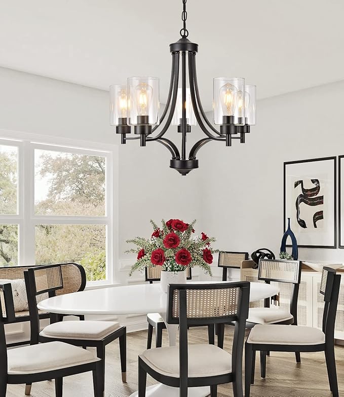 BOZO Contemporary Black Chandelier 5 Lights Farmhouse Dining Room Lighting Fixtures Hanging Bedroom Chandeliers with Clear Glass Shade Ceiling Pendant Light Black Foyer Light