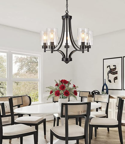 BOZO Contemporary Black Chandelier 5 Lights Farmhouse Dining Room Lighting Fixtures Hanging Bedroom Chandeliers with Clear Glass Shade Ceiling Pendant Light Black Foyer Light