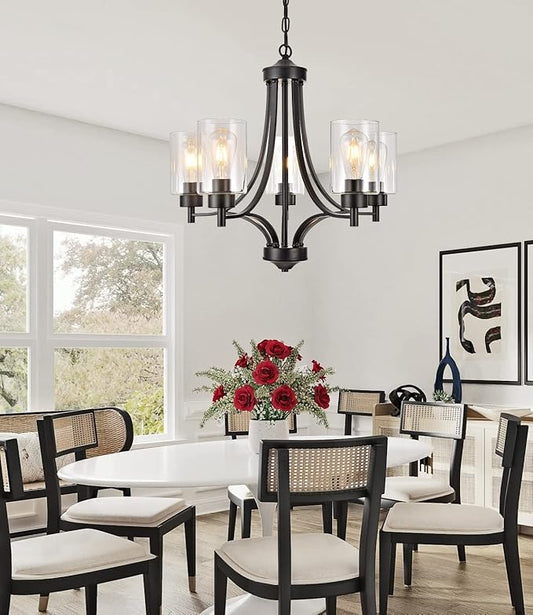 BOZO Contemporary Black Chandelier 5 Lights Farmhouse Dining Room Lighting Fixtures Hanging Bedroom Chandeliers with Clear Glass Shade Ceiling Pendant Light Black Foyer Light