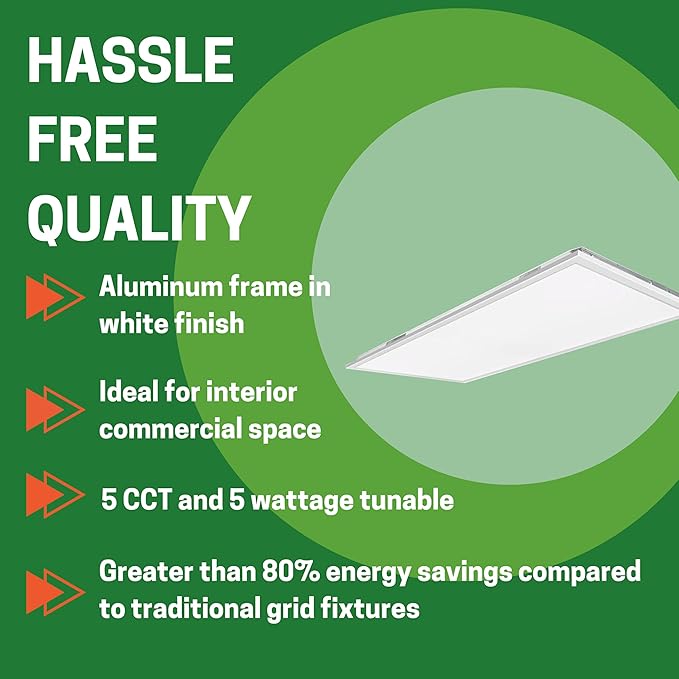 E2 LIGHTING 2x4 LED Flat Panel Light, 5 CCT Tunable 35-65K, 5 Wattage Adjustable 30-72W, 0-10V Dimming, 4 Pack |